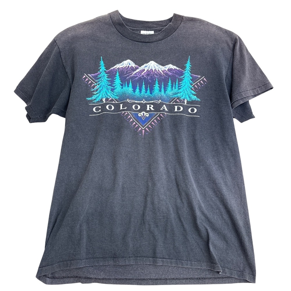 Vintage Oneita Colorado Mountain Graphic T-Shirt Mens XL Faded Black 90s Retro